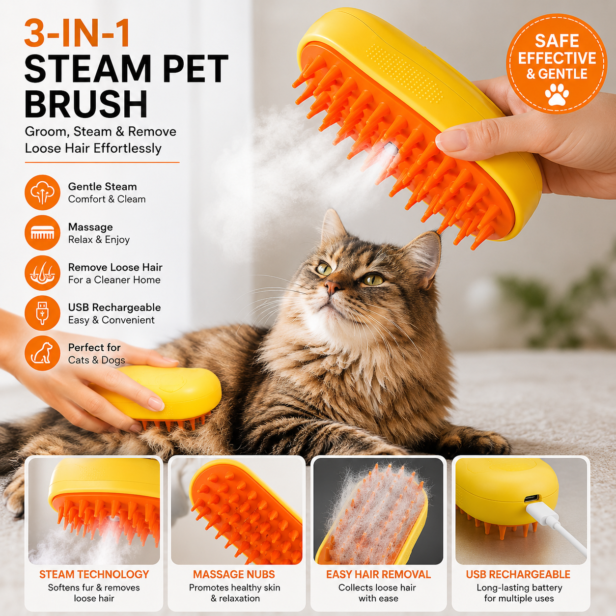 👉 3-in-1 Steam Pet Brush – Hair Remover & Grooming Tool